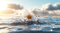 Single daisy flower floating on water surface with splashing droplets against golden sunset sky and dreamy bokeh background, creating serene natural composition.