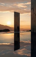 Silhouette of person standing in monolithic doorway reflected in still water at sunset, dramatic orange sky and mountain landscape creates surreal atmosphere.