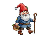 Cheerful garden gnome wearing red pointed hat and blue coat carries wooden staff and basket of holly berries, isolated on white background for holiday designs and seasonal projects.