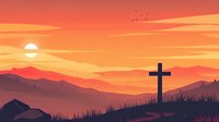 Silhouette of Christian cross on hilltop against dramatic orange sunset sky and mountain landscape with layered hills, birds flying in distance, peaceful nature scene.