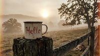 Rustic enamel mug with Hello inscription on a wooden post at misty sunrise, warm golden countryside landscape in background.