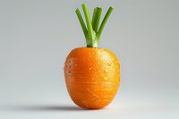 Fresh orange carrot with water drops and green leaves on light gray background, minimalist food photography composition for healthy eating concept.