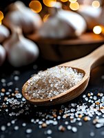 Coarse sea salt crystals in wooden spoon on dark background with scattered grains and golden bokeh lights, macro food photography for culinary design.