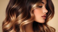 Young Asian woman with luxurious wavy brunette hair featuring caramel balayage highlights against neutral beige background, showcasing modern salon hairstyle.