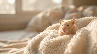 Adorable golden hamster peeking from cozy cream blanket in warm sunlit bedroom interior for pet care and comfort concepts.
