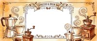 Vintage coffee shop frame with espresso maker, grinder and cups in retro style. Perfect for cafe menus, coffee house branding and beverage promotions.