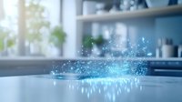 Magical glowing blue particles floating above kitchen counter with blurred modern interior background creates ethereal atmosphere for fantasy designs.