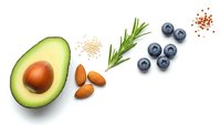Fresh avocado half with almonds, blueberries and rosemary herbs on white background for healthy eating and nutrition concepts.