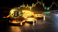 Golden cryptocurrency coins on digital trading chart background with glowing market data and price movement indicators for financial investment.