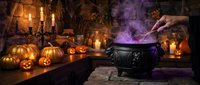 Witch stirring magical potion in cauldron surrounded by glowing jack-o-lanterns, candles, and mystical purple smoke for spooky seasonal celebrations and events.