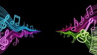 Colorful neon musical notes and treble clef flowing in waves on black background for entertainment and audio design projects.