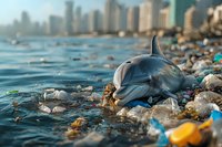 Dead dolphin washed ashore among plastic waste and garbage on urban beach, highlighting marine pollution and environmental crisis against city skyline.
