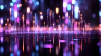 Glowing neon lights reflect on water surface creating magical bokeh effect with purple and orange illumination against dark background, abstract night cityscape.