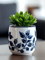 Green succulent plant in white ceramic pot decorated with blue floral pattern, placed on wooden surface against blurred background. Modern home decor styling.