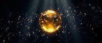 Golden glowing sphere with particle effects and light rays on dark background for futuristic technology and energy concepts.