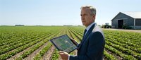 Middle-aged Caucasian businessman in suit using digital tablet on agricultural farm field with green crop rows and barn building in background.