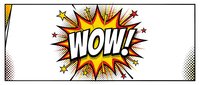 Comic book style WOW explosion burst with colorful starburst rays and halftone dots on white background for pop art designs and retro graphics projects.