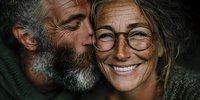 Happy mature couple sharing intimate moment, elderly man with beard kissing smiling woman with glasses, love and affection in golden years of marriage.