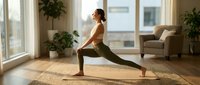 Woman in athletic wear performing a lunge stretch on a yoga mat in a bright, modern living room with large windows and potted plants for fitness and wellness.