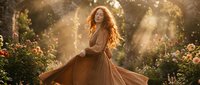 Young redhead woman in flowing brown dress dancing in sunlit garden with blooming roses, golden hour light creating magical atmosphere for lifestyle content.