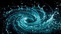 Glowing turquoise spiral vortex with swirling particles and light trails on dark background, suitable for technology, science fiction, and digital design projects.
