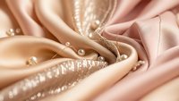 Luxurious rose gold silk fabric with elegant pearl beads creating sophisticated textile background for fashion and wedding design projects.
