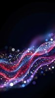 Abstract flowing wave with glowing particles and bokeh lights on dark background for digital design and technology concepts.