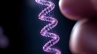 Glowing purple DNA helix structure in macro view against dark background shows genetic research and biotechnology advancement in medical science and biology studies.