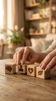 Hands arranging wooden blocks with healthcare symbols including brain, person, heart and leaf on rustic table in warm home interior for wellness concepts.