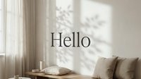 Minimalist neutral living room with soft natural light, shadow overlay, and Hello text, perfect for mockup, branding, and social media design use.