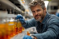 Middle-aged Caucasian male scientist in blue gloves examining orange liquid samples in laboratory test tubes during research work in modern lab facility.