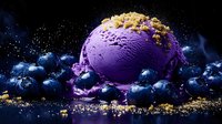 Vibrant purple blueberry ice cream scoop with fresh berries, golden crumble topping and frost effect against dark background, creating luxurious dessert composition.