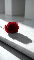 Single red rose lying on white marble surface with dramatic sunlight shadow, evoking romance, love, and elegant minimalism.
