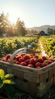Fresh ripe strawberries in wooden basket at organic farm during golden hour sunset with green plants and rural landscape in soft focus background.