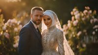 Happy Muslim couple in elegant wedding attire embracing in blooming garden during golden hour sunset creating romantic matrimonial portrait for celebration.