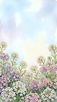 Watercolor floral border with delicate alyssum flowers in purple, pink and white tones on soft pastel background for spring designs and greeting cards.