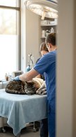 Veterinarian examining tabby cat on examination table in modern clinic with surgical light overhead for pet healthcare and medical treatment.