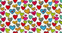 Colorful hand-drawn hearts seamless pattern with various decorative styles and vibrant colors, perfect for romantic designs and Valentine's Day projects.