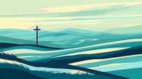 Minimalist landscape with Christian cross silhouette on hilltop against layered rolling hills in turquoise and teal tones, peaceful spiritual scenery at dusk.