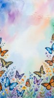 Watercolor butterfly garden frame with colorful wings and wildflowers on pastel rainbow background for spring design projects and nature themes.