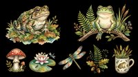 Vintage botanical illustration featuring toads, frogs, mushroom, water lily, dragonfly, ferns and plants on transparent background. Ready for clipart, t-shirt design, stickers, print-on-demand and sublimation projects.