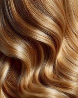 Luxurious wavy blonde hair with golden highlights and brown lowlights showing natural texture and shine for beauty and haircare concepts.