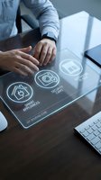 Businessman using futuristic holographic interface with IoT icons for smart home automation and security system control on modern workspace desk.