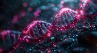 Glowing DNA strand with pink and blue bokeh effect on dark background, genetic research concept visualization showing double helix structure in microscopic view.