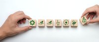 Hands arranging wooden blocks with green eco-friendly symbols including recycling, renewable energy, and sustainability icons on white background.