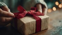 Hands holding rustic gift box wrapped in burlap with red ribbon bow on wooden table with bokeh lights in background, perfect for holiday season.