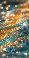 Magical golden glitter scattered on turquoise waves creates dreamy bokeh effect with sparkling light reflections and shimmering particles. Perfect for festive backgrounds.