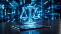 Digital holographic scales of justice emerging from tablet screen with glowing blue light effects and bokeh background for legal technology concepts.