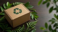Eco-friendly cardboard shipping box with recycling symbol surrounded by fresh green leaves on wooden surface for sustainable packaging solutions.
