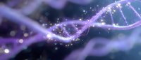 Glowing DNA strand with purple and blue light effects on dark background, genetic research concept with sparkling particles and bokeh elements.